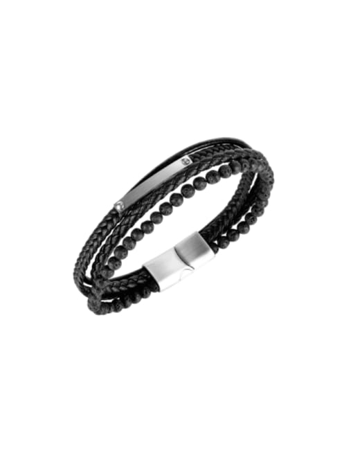 [1426] Bracelet Titanium Steel Artificial Leather Weave Hip Hop Bracelet